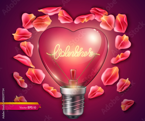 Light bulb heart shaped. Vector realistic 3d illustration. Valentine day card