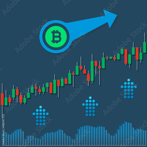 Bitcoin growing market chart with volumes and up arrows on blue background. Eps10 vector file.