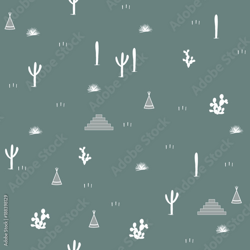 Seamless pattern with indian tents, pyramids and cacti. Saguaro, opuntia, and wigwames. Vector illustration.