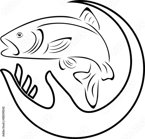 Forelle und Hand, Forelle, Fisch, Aufkleber Label