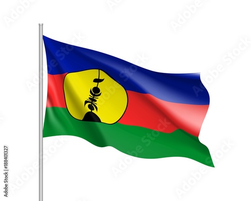 Waving flag of New Caledonia. Illustration of Oceania country flag on flagpole. Vector 3d icon isolated on white background