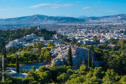 Panoramic view of Athens and Areopagus, a prominent rock outcropping located northwest of the Acropolis in Athens, Greece. In classical times, it functioned as the court for trying deliberate homicide photo