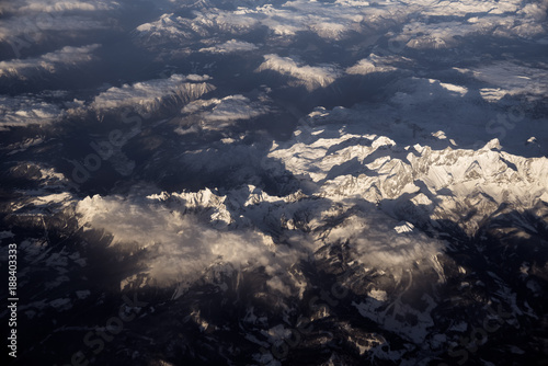 View on Alps from airplane