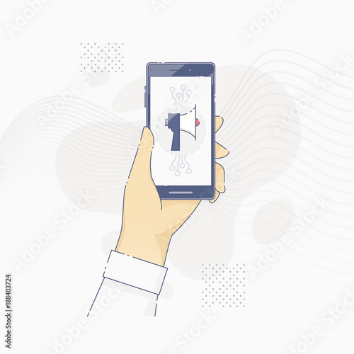 Hand holding smartphone with loudspeaker on screen
