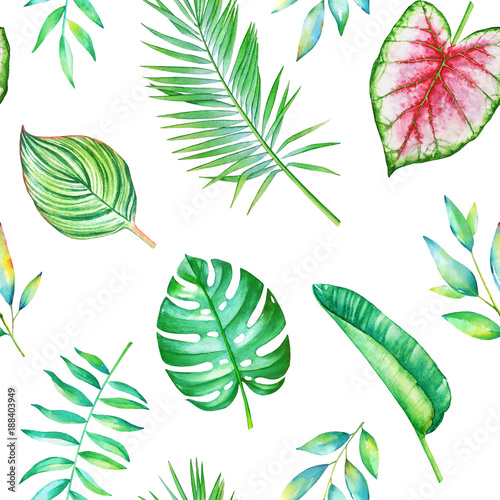 Seamless watercolor pattern with green tropical leaves isolated on white background.