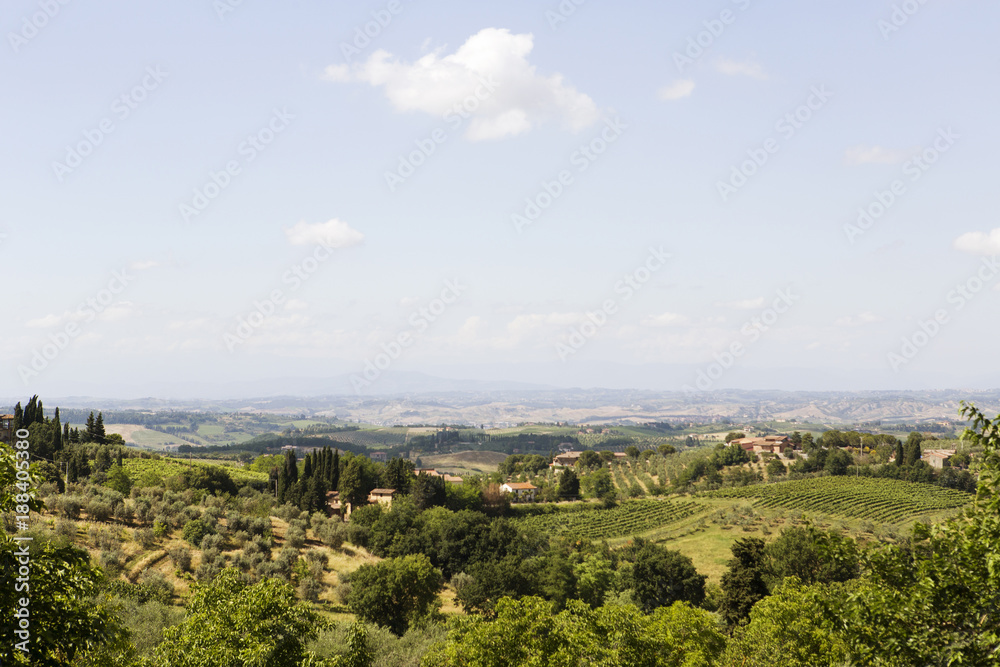 Scenery with trees, fields and houses in distance