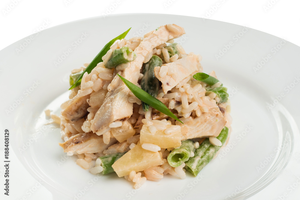 fish salad with rice and green beans on a white plate fish salad with rice and green beans on a white plate