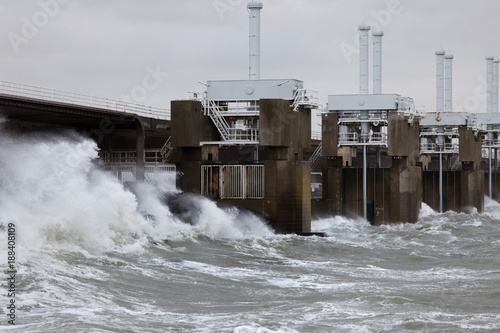 Dutch Delta Works-the Eastern Scheldt (Oosterschelde) storm barrier closed for storm and flood photo