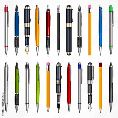 Set of pens and pencils, tools for writing drawing, isolated photo