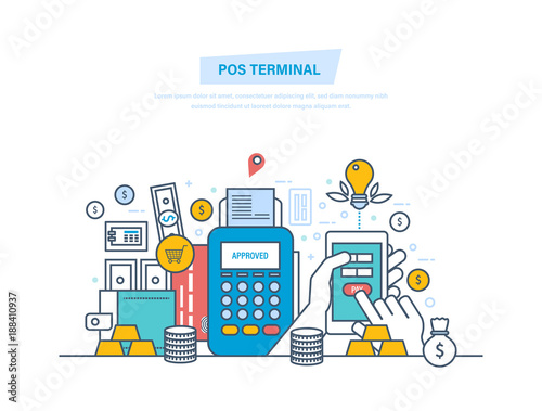Pos terminal, payments systems. Financial transactions, cashless operation on payment.