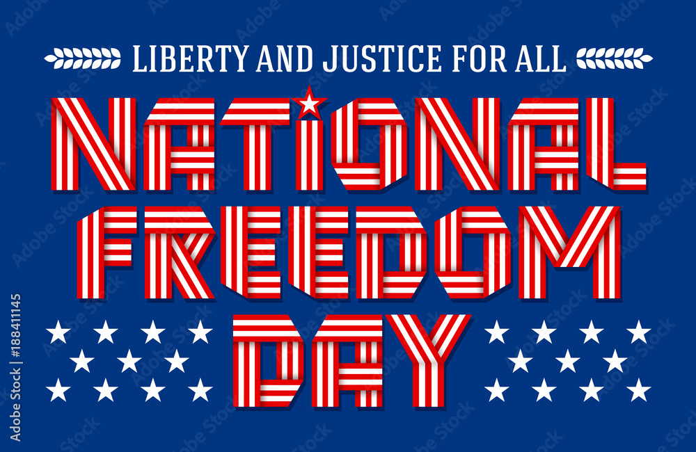 National Freedom Day greeting card. Text made of interlaced ribbons with USA flag stripes. Vector illustration.