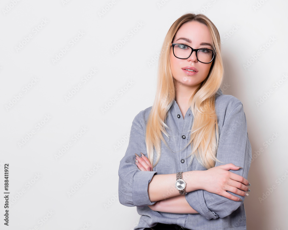 beautiful young woman with long hair wearing glasses and wrist watch beautiful young woman with long hair wearing glasses and wrist watch