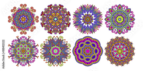 set of decorative circle patterns, ethnic flower paisley design