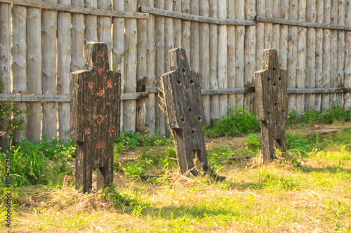 A wooden targets for throwing knives, axes, archery. Training of soldiers in the Middle Ages.