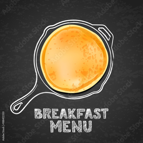 Tasty pancake and hand drawn outline watercolor pan, on textured black board slate background. Vector design for breakfast dessert menu, cafe, restaurant. Morning recipe illustration.