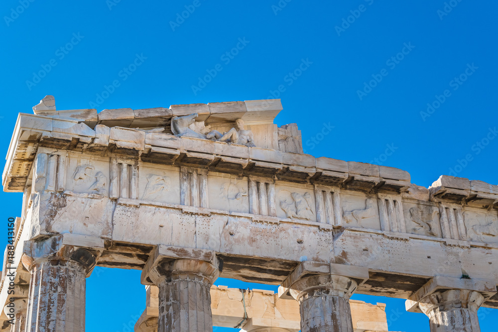 Sculptures on Parthenon' s frieze of Athens Acropolis Greece Sculptures on Parthenon' s frieze of Athens Acropolis Greece