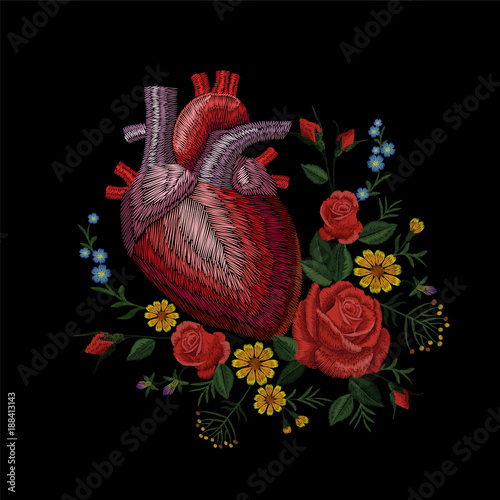 Embroidery crewel human anatomical heart medicine organ flower rose blooming. Red stitch embroidered design texture detailed patch. Fashion decoration template vector illustration
