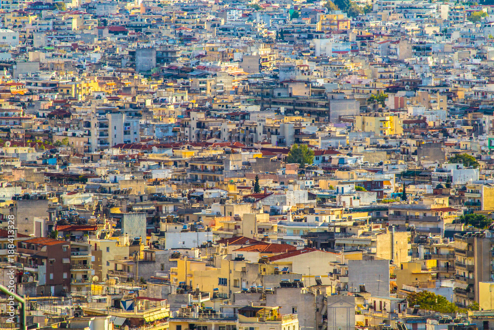 Many buildings. Panorama of the city in Greece. Thessaloniki.