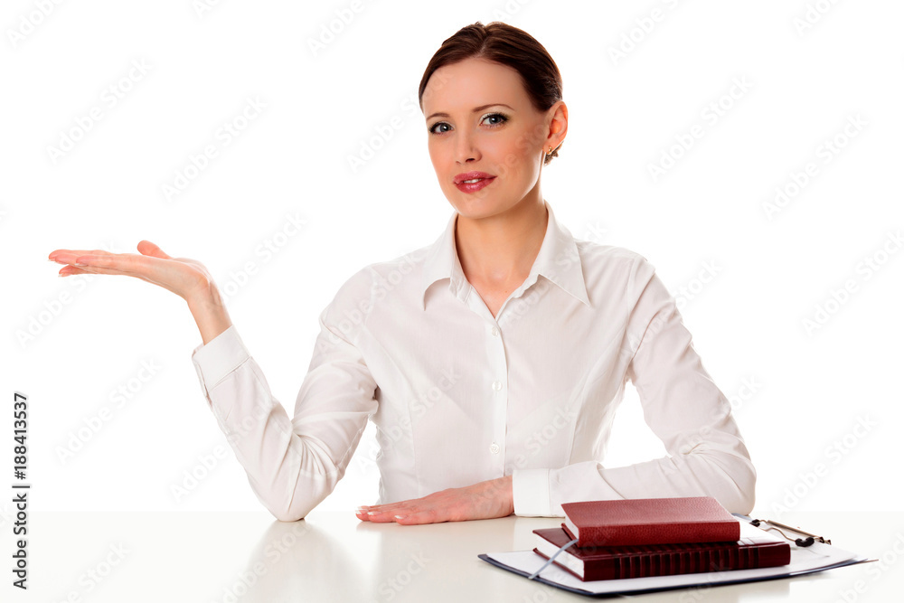 Business lady or teacher presenting something, isolated on white background Business lady or teacher presenting something, isolated on white background