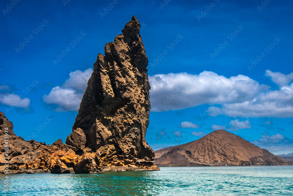 Naklejka premium Ecuador. The Galapagos Islands. View from the water to the bay of the Bartolome Island