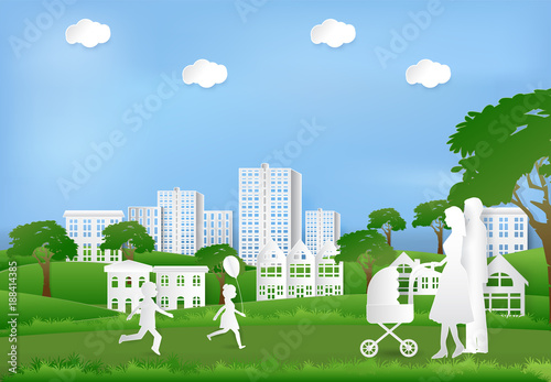 Happy family having fun in the park, Paper art background  paper cut illustration