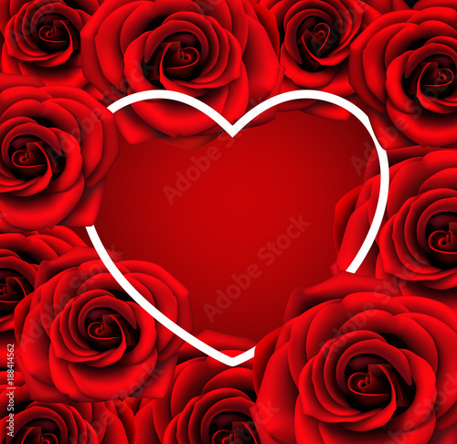 Valentines Day empty template design. Vector background with red roses and heart shape