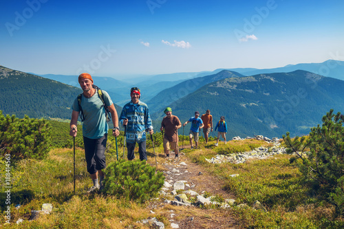 Group of friends go to mountains