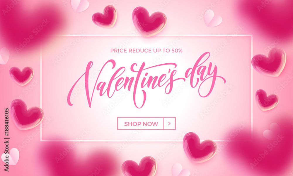 Valentines day sale poster of valentine balloon and paper hearts pattern on pink background. Vector Valentines day shop now discount promo banner design template