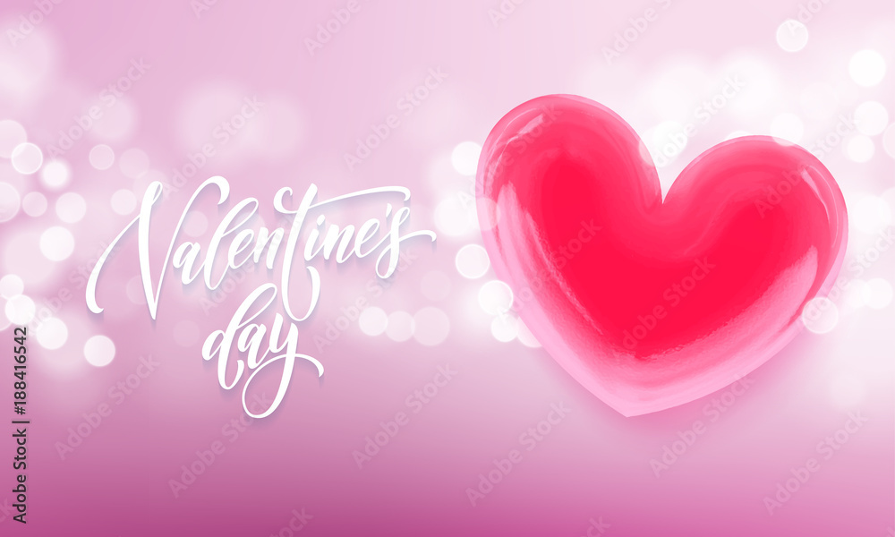 Valentines day greeting card of valentine red crystal heart on pink light shine background. Vector Happy Valentines day text lettering design template of balloon heart