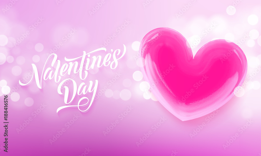 Valentines day lettering text on valentine red heart on pink light pattern background. Vector Happy Valentines day greeting card design template of glossy crystal heart