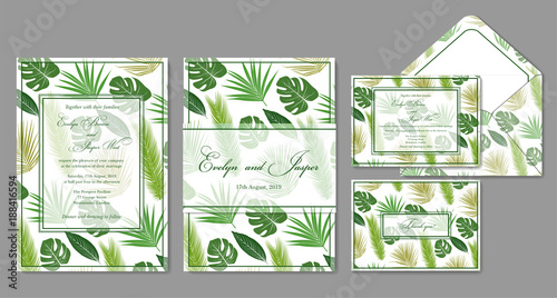 Wedding invite, envelope, rsvp, holiday card. Design with Green palm leaves on a white background and frames in summer style. Vector