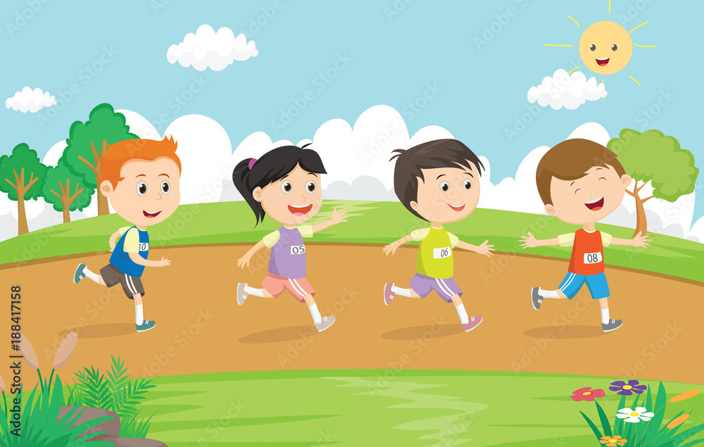 happy kids running marathon together in the park
