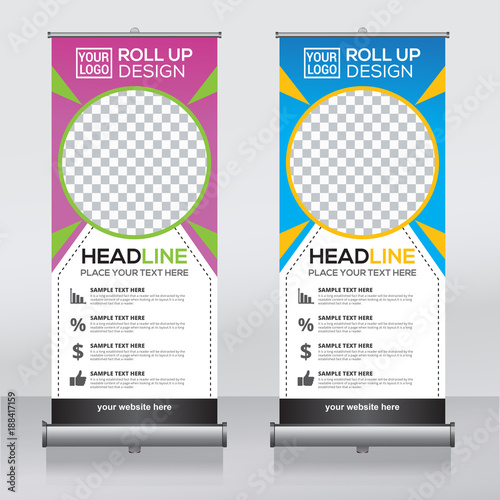 Roll up banner design template, vertical, abstract background, pull up design, modern x-banner, rectangle size. 