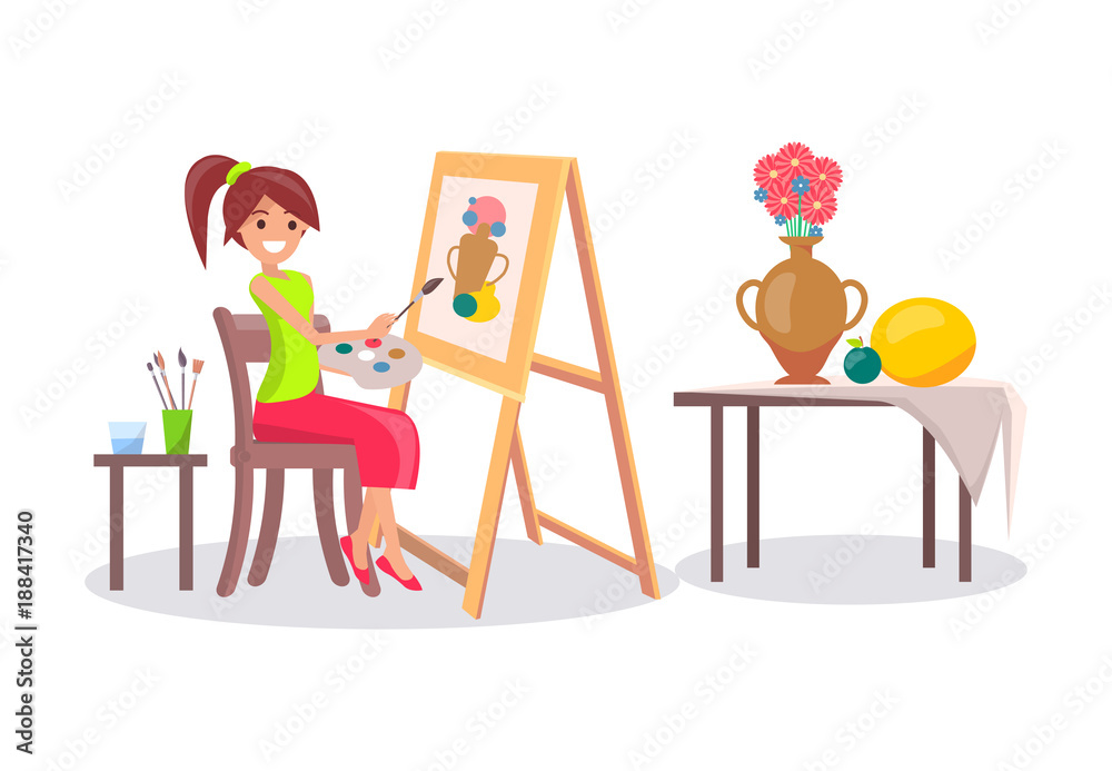 Girl Drawing Still Life Picture of Vase and Fruits