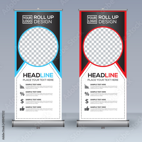 Roll up banner design template, vertical, abstract background, pull up design, modern x-banner, rectangle size. 