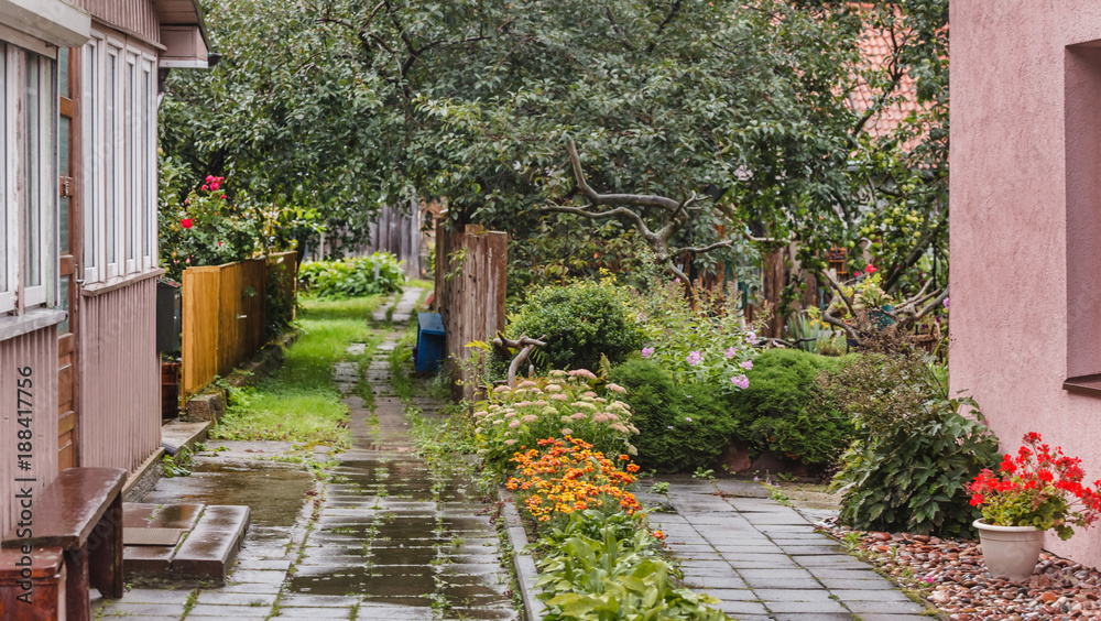 Naklejka premium rainy cottage with garden