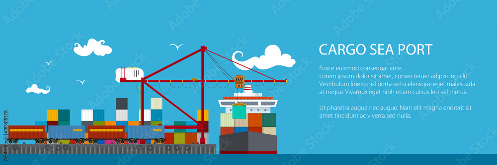 Horizontal Banner of Shipyard, Cranes Load Containers on the Container Ship and Train at the Seaport, Sea Freight Transportation, Poster Brochure Flyer Design, Vector Illustration