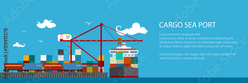 Horizontal Banner of Shipyard, Cranes Load Containers on the Container Ship and Train at the Seaport, Sea Freight Transportation, Poster Brochure Flyer Design, Vector Illustration