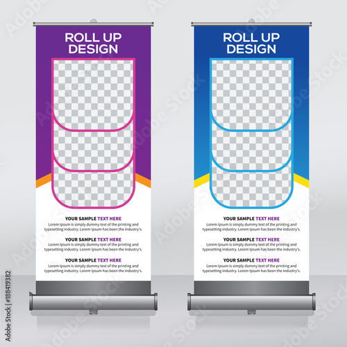 Roll up banner design template, vertical, abstract background, pull up design, modern x-banner, rectangle size. 