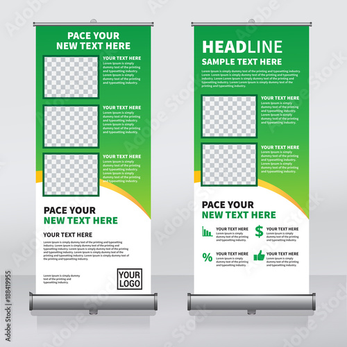 Roll up banner design template, vertical, abstract background, pull up design, modern x-banner, rectangle size. 