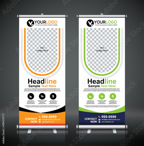 Roll up banner design template, vertical, abstract background, pull up design, modern x-banner, rectangle size. 