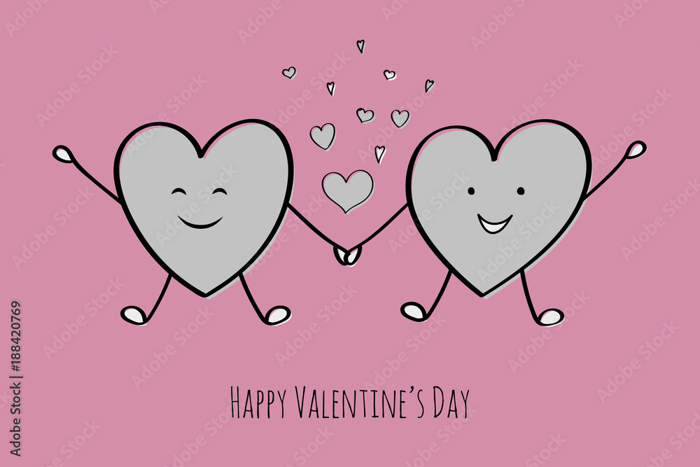 Happy Valentine's Day - concept of card with cute cartoon hearts and wishes. Vector.