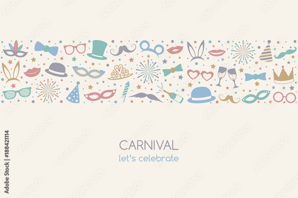 Carnival - let's celebrate. Funny banner with costumes and masks. Vector. Carnival - let's celebrate. Funny banner with costumes and masks. Vector.