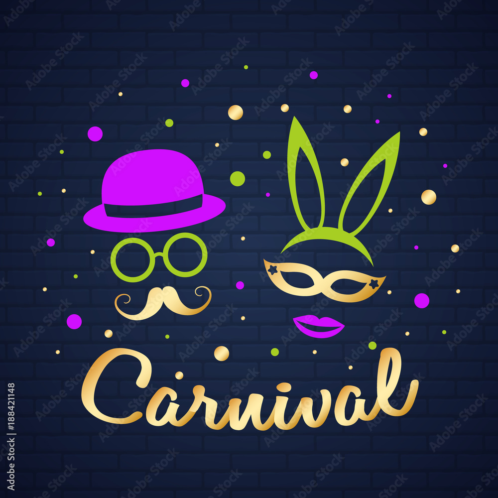 Fototapeta premium Carnival card with funny masks - poster for Carnival Party. Vector.
