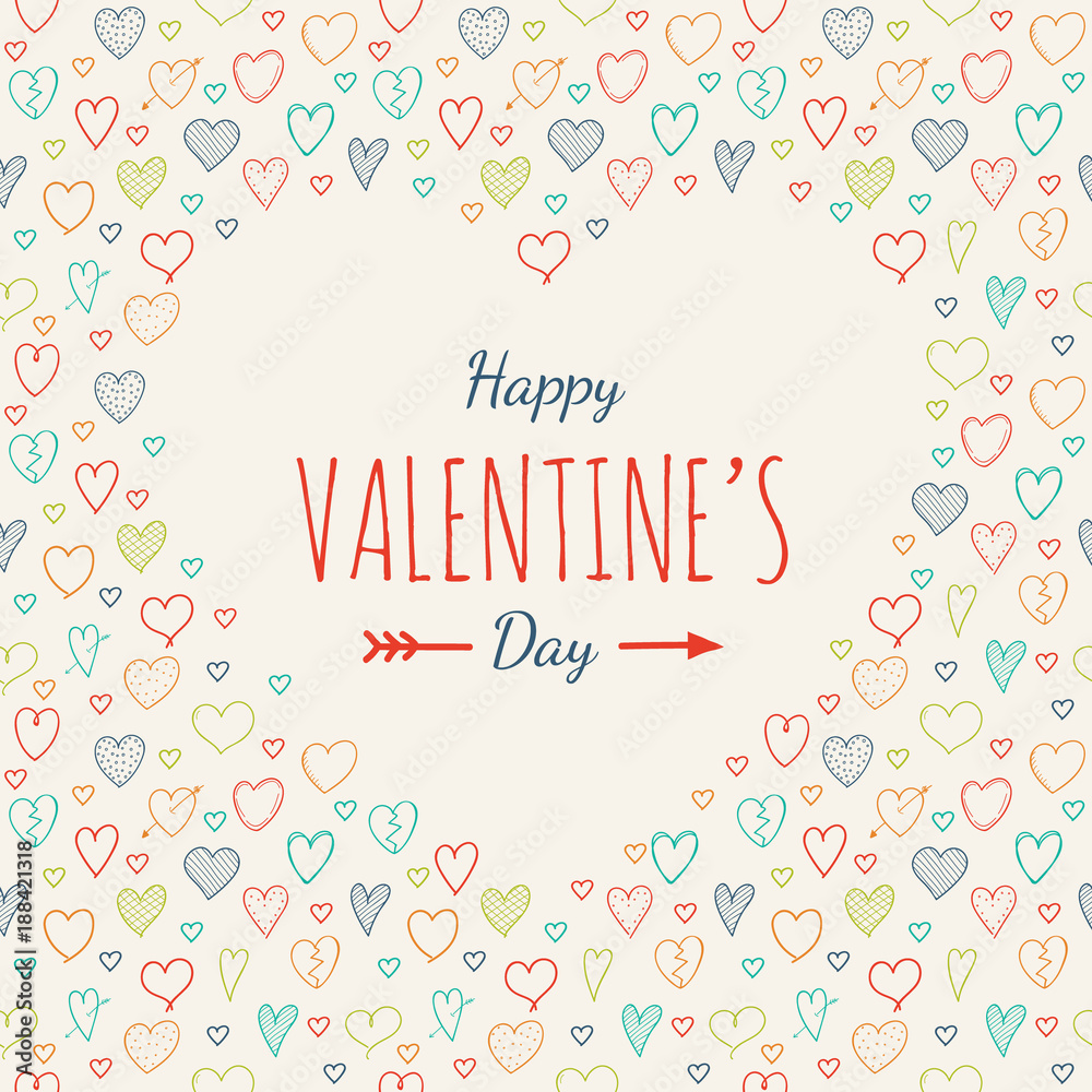 Cute postcard with hand drawn hearts for Valentine's Day. Vector.