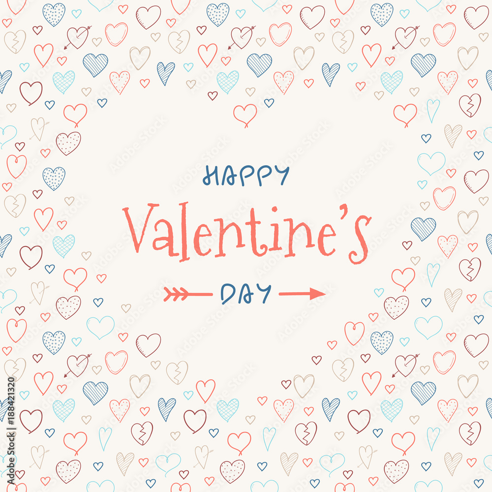 Cute postcard with hand drawn hearts for Valentine's Day. Vector.