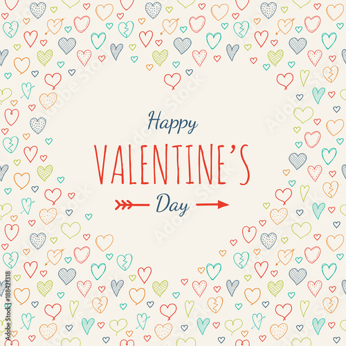 Cute postcard with hand drawn hearts for Valentine s Day. Vector.