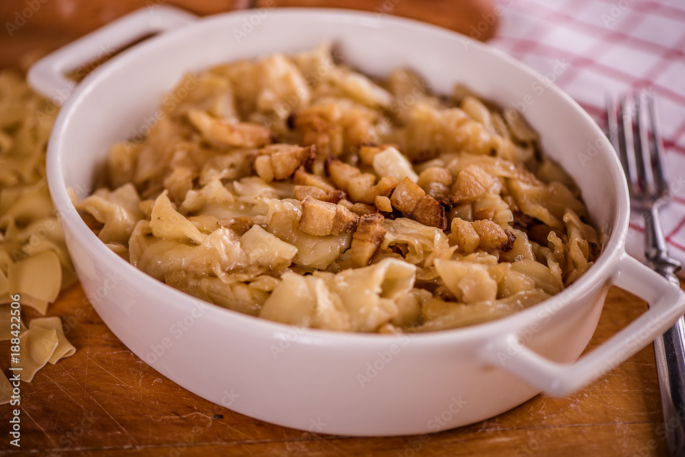 square pasta shape dish with cabbage and bacon traditional in central eastern europe square pasta shape dish with cabbage and bacon traditional in central eastern europe