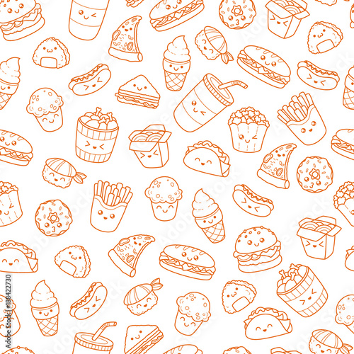 Set of vector cartoon doodle icons junk food. Illustration of comic fast food. Seamless texture  pattern  wallpaper  background