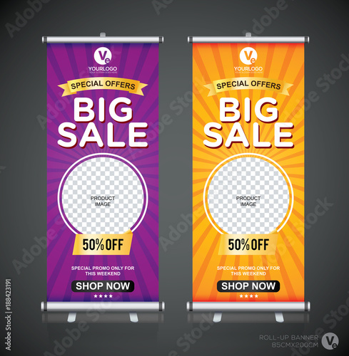 Roll up banner design template, vertical, abstract background, pull up design, modern x-banner, rectangle size. 